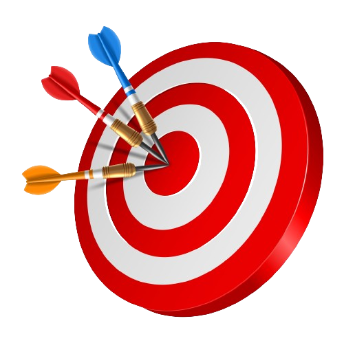 A dart hits the bullseye of a target board, surrounded by arrows and concentric circles.